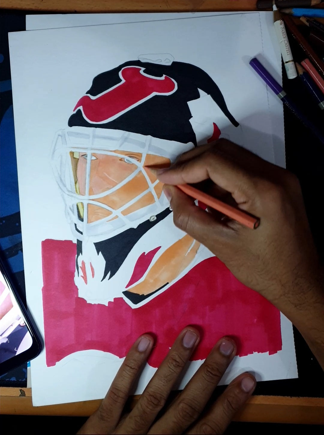 Martin Brodeur Mask Pencil Crayon/ Watercolour Art