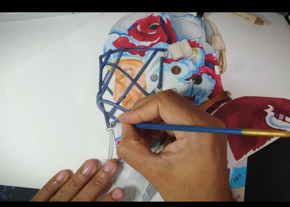 Patrick Roy Mask Pencil Crayon/ Watercolour Art