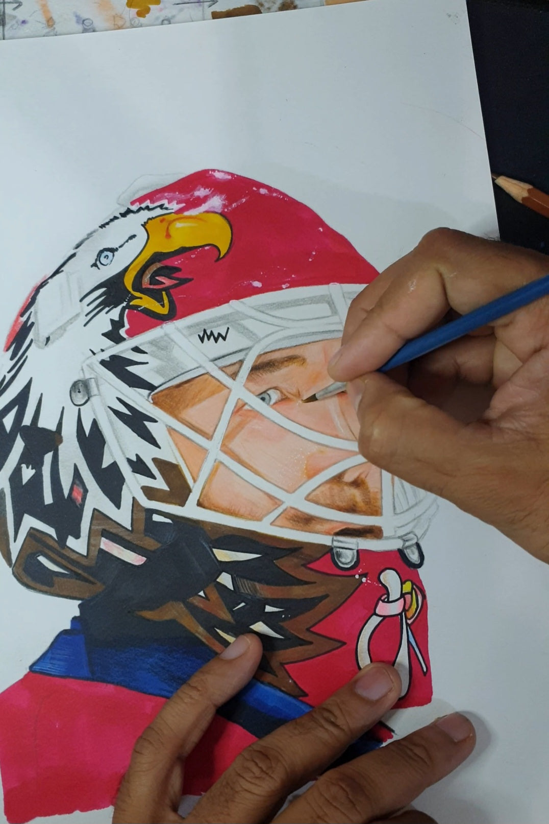 Ed Belfour Mask Pencil Crayon/ Watercolour Art