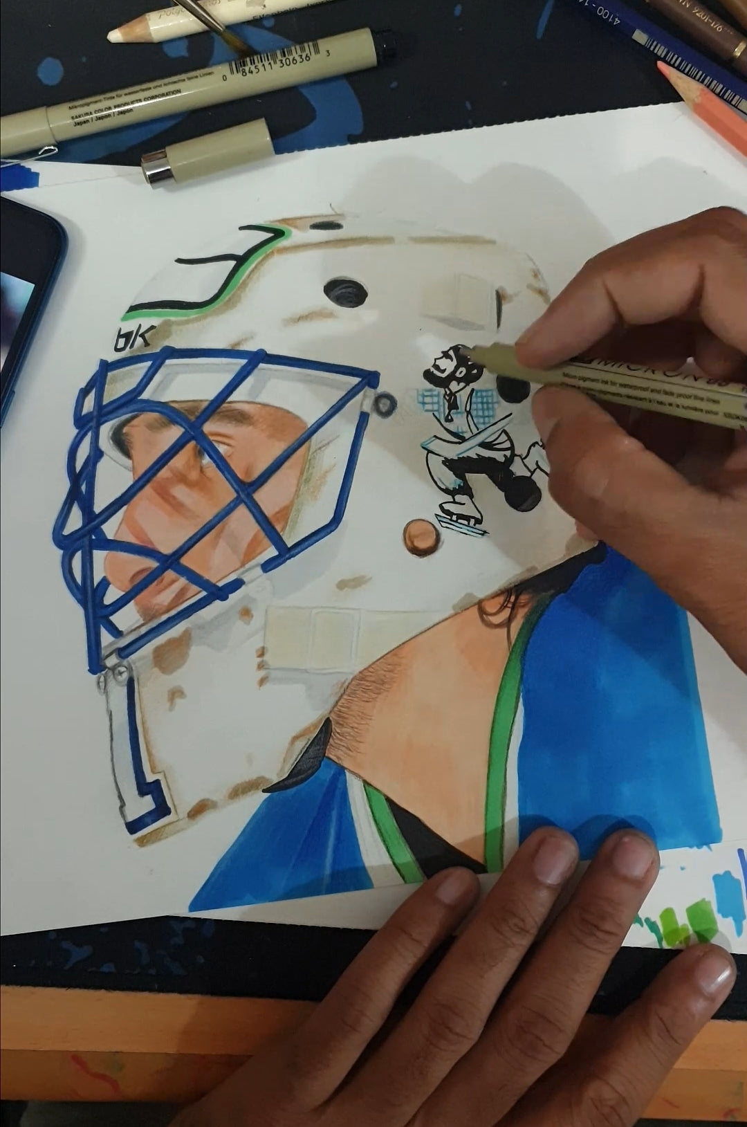 Roberto Luongo Mask Pencil Crayon/ Watercolour Art