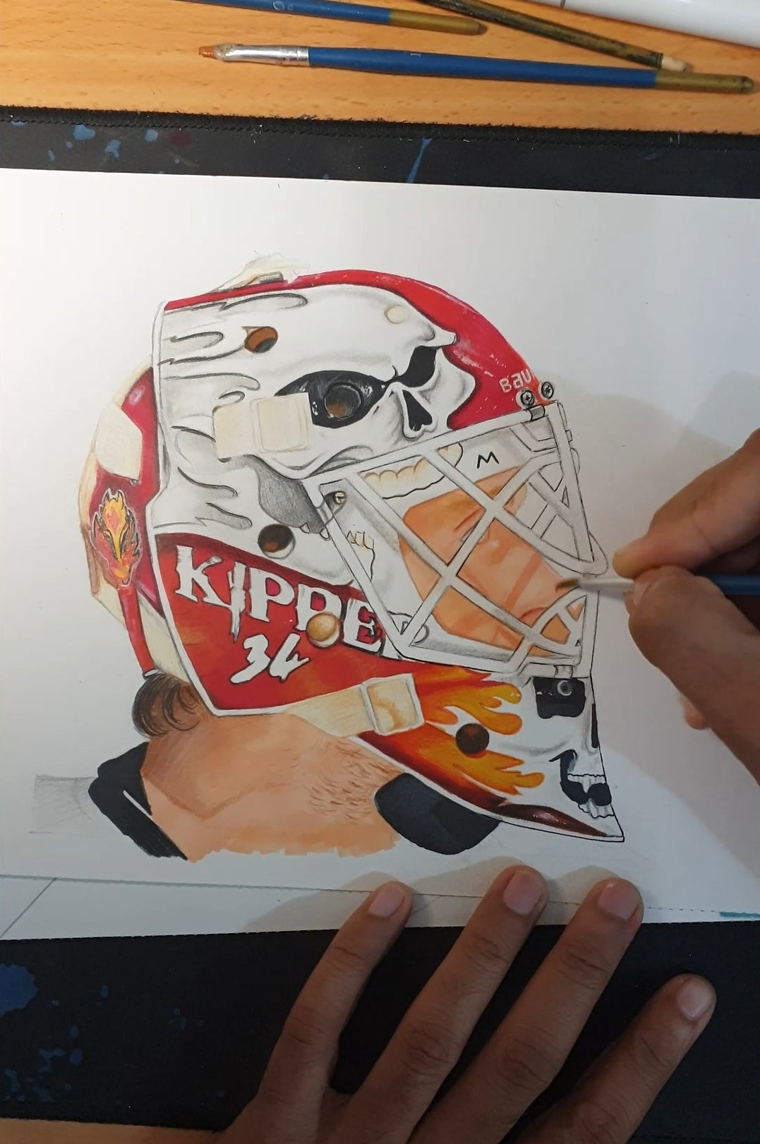 Miikka Kiprusoff Mask Pencil Crayon/ Watercolour Art